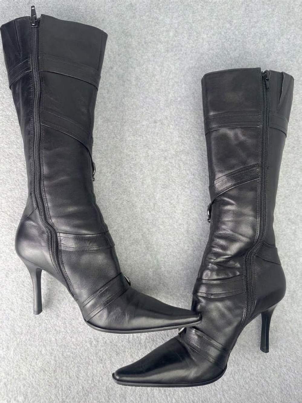 GUESS by Marciano Vintage Y2K Black Leather Buckle Pointed Toe Stiletto Boots 7M - Picture 2 of 14